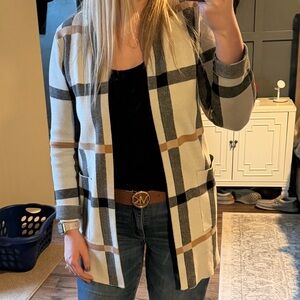 Tahari Plaid Sweater in Black, White, and Tan